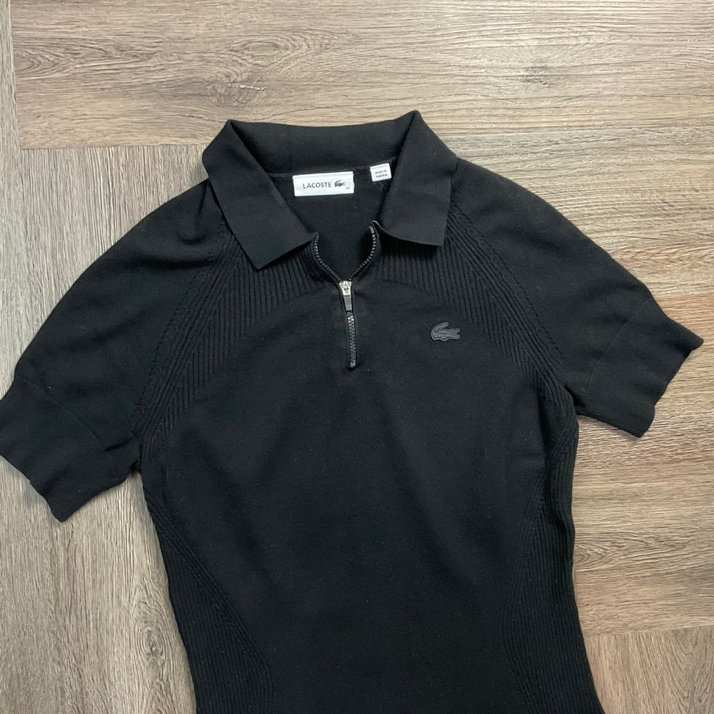 Lacoste Womens Ribbed Knit 1/4 Zip Short Sleeve Polo Shirt Womens 40 US 8 Black - Picture 5 of 8